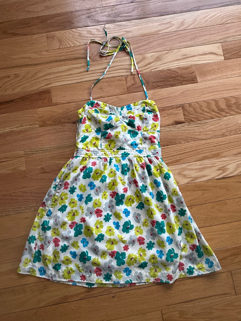 Women's Floral Halter Casual Dress in White with Teal, Yellow & Pink Flowers